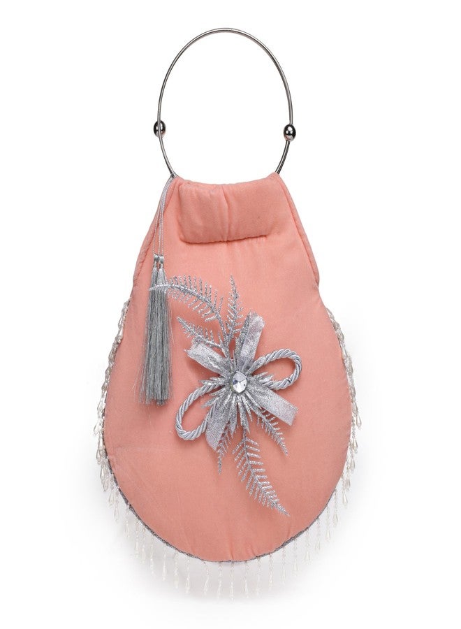 ATHZ handbag Peach Velvet Ethnic bags for Women Silver Handle Moti Latkan Embellsiment with Silver shimmer Flower - Image 1